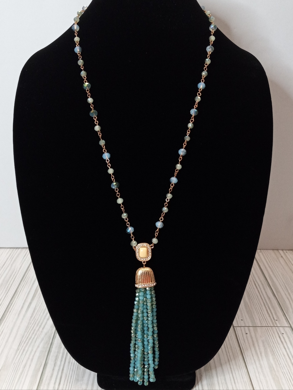 Vintage Gold-Tone Blue Beaded Long Tassel Necklace